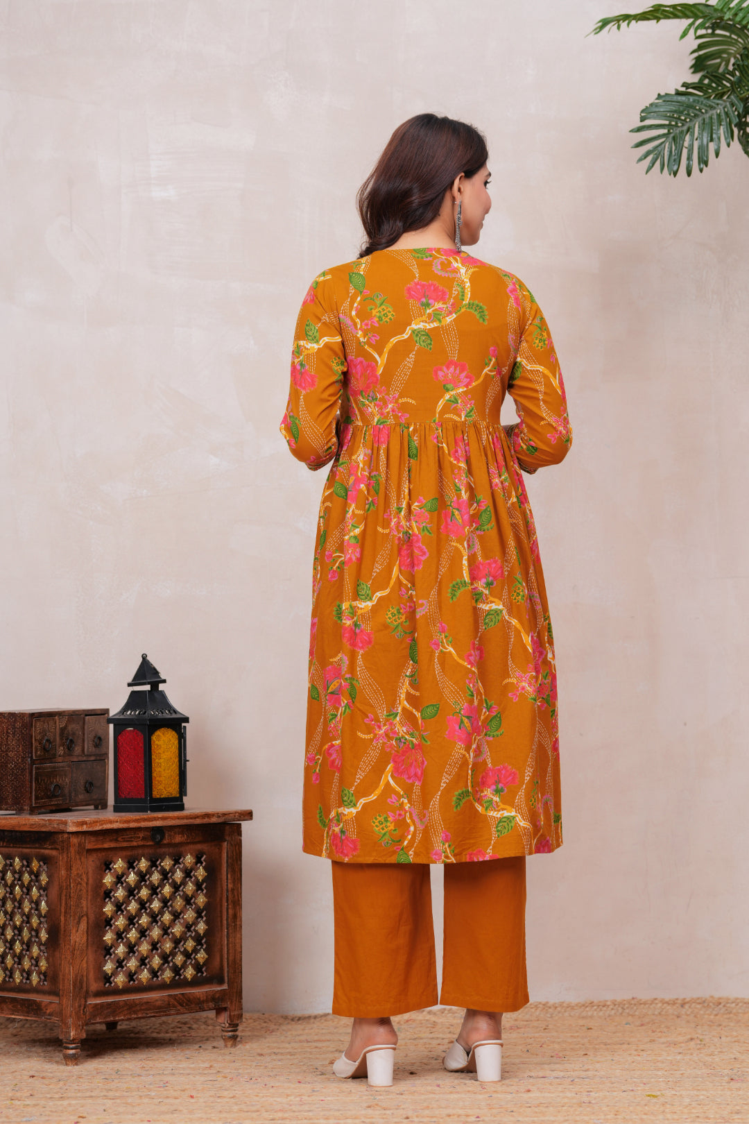 Flowing Anarkali Style Suit in Soft Discharge Cotton with Embroidery on Neck