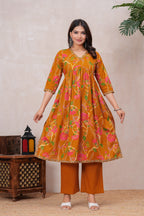 Flowing Anarkali Style Suit in Soft Discharge Cotton with Embroidery on Neck