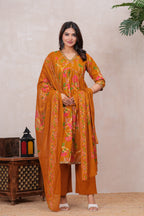 Flowing Anarkali Style Suit in Soft Discharge Cotton with Embroidery on Neck