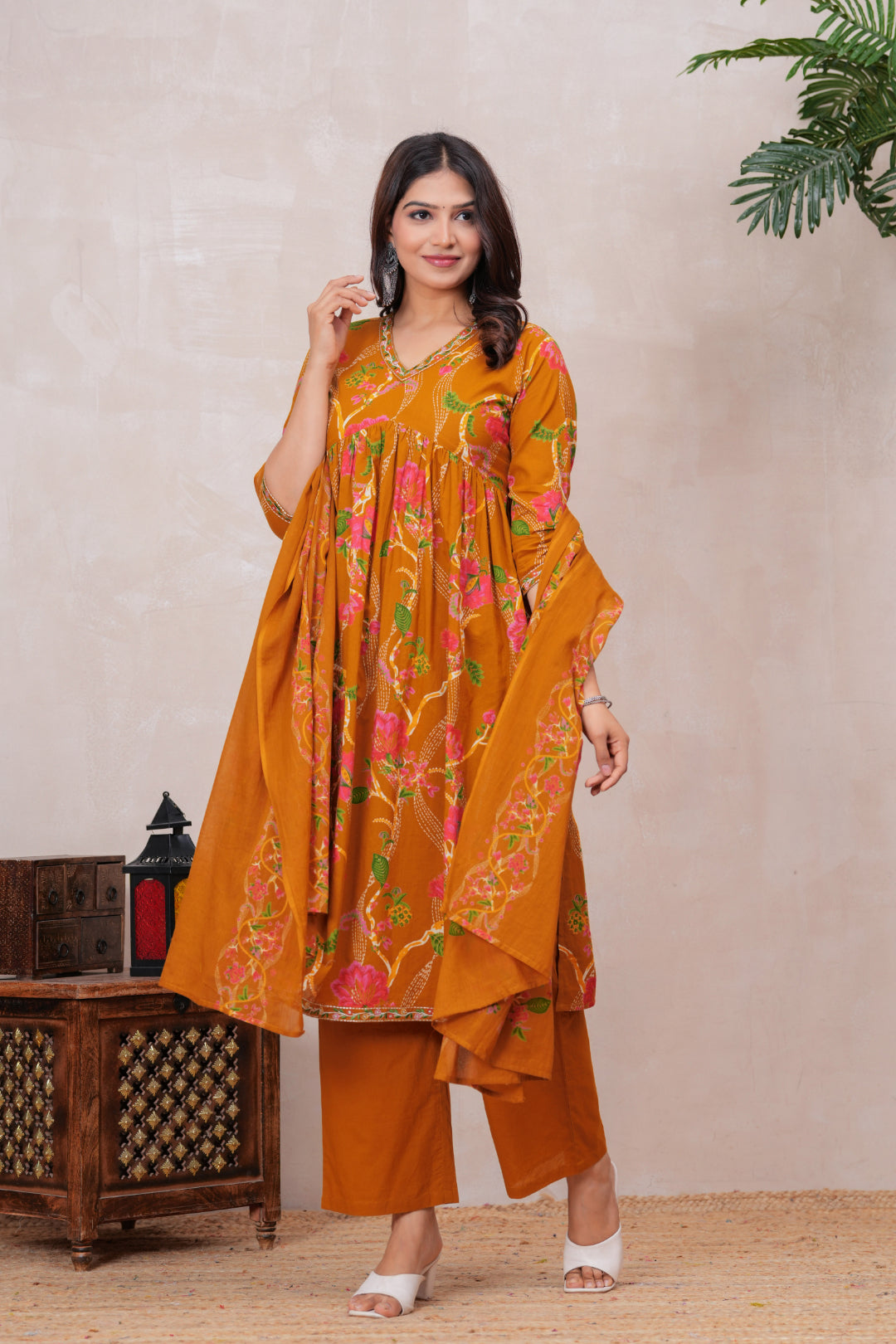 Flowing Anarkali Style Suit in Soft Discharge Cotton with Embroidery on Neck