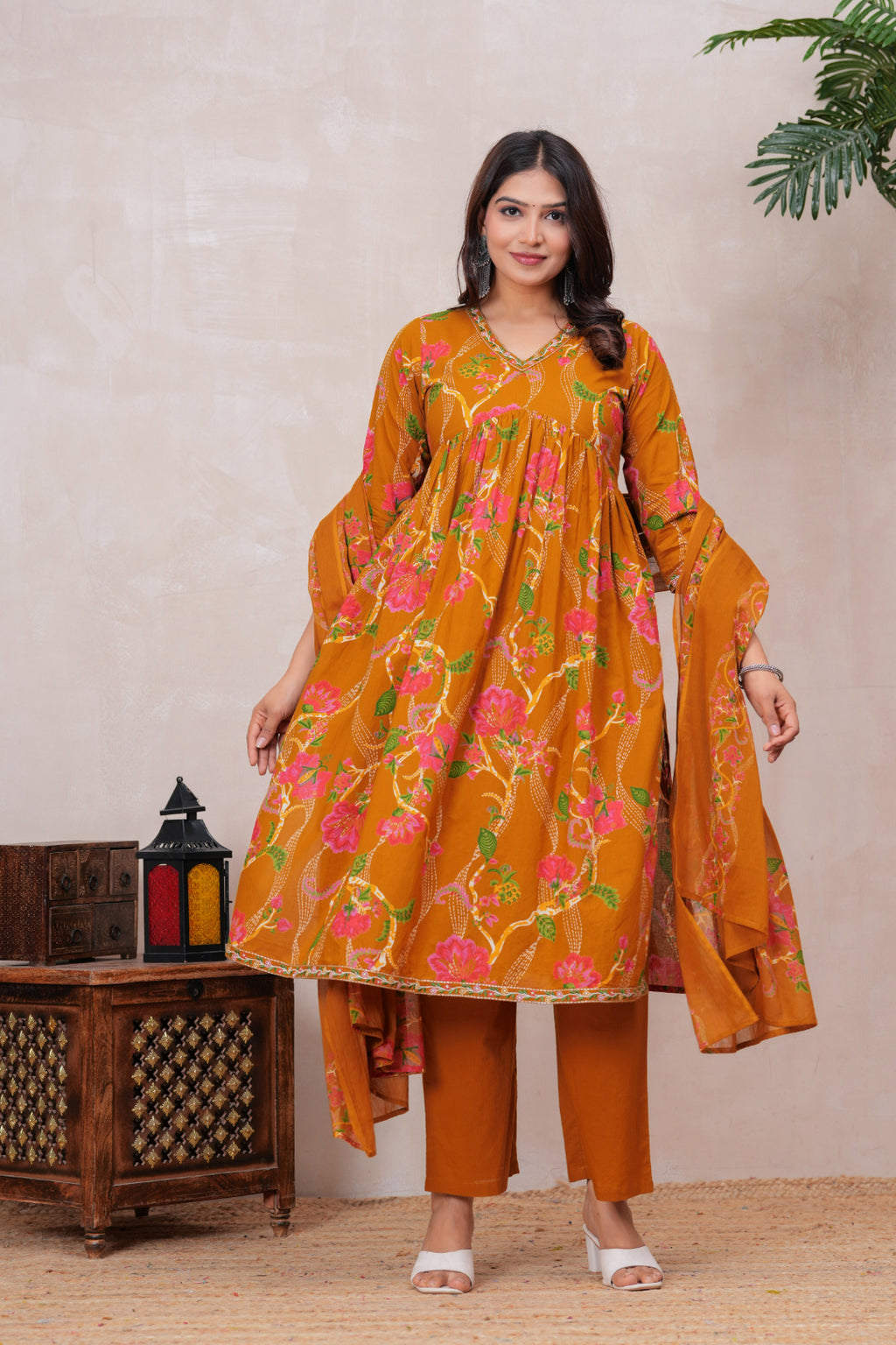 Flowing Anarkali Style Suit in Soft Discharge Cotton with Embroidery on Neck