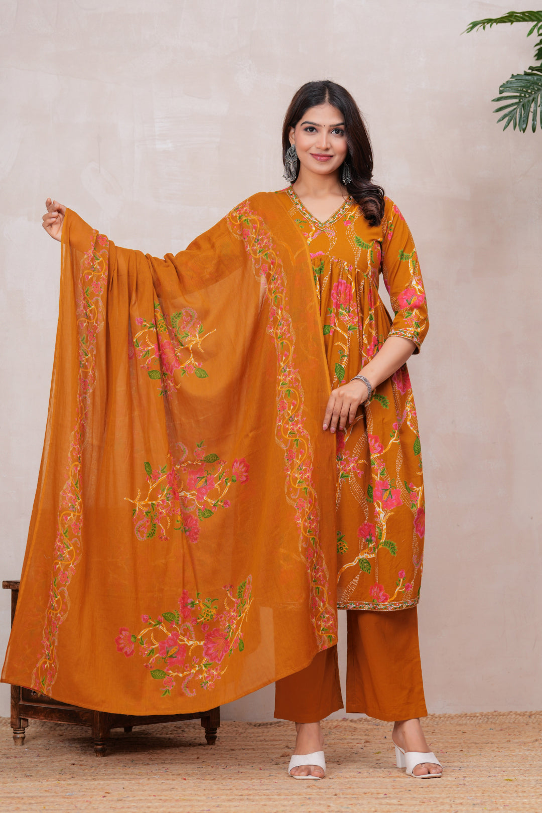 Flowing Anarkali Style Suit in Soft Discharge Cotton with Embroidery on Neck