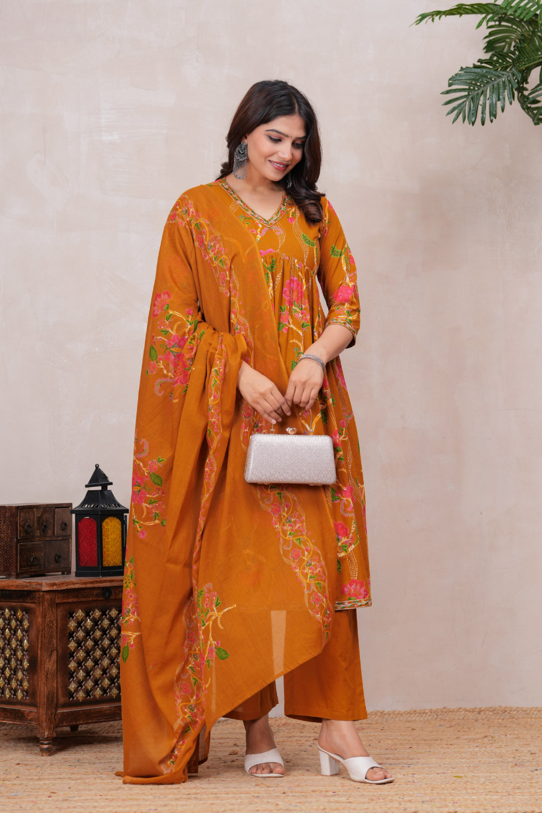 Flowing Anarkali Style Suit in Soft Discharge Cotton with Embroidery on Neck