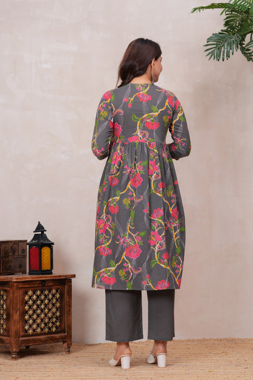 Flowing Anarkali Style Suit in Soft Discharge Cotton with Embroidery on Neck