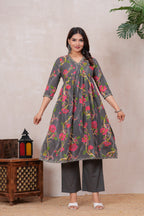 Flowing Anarkali Style Suit in Soft Discharge Cotton with Embroidery on Neck