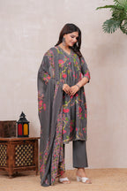 Flowing Anarkali Style Suit in Soft Discharge Cotton with Embroidery on Neck