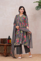 Flowing Anarkali Style Suit in Soft Discharge Cotton with Embroidery on Neck