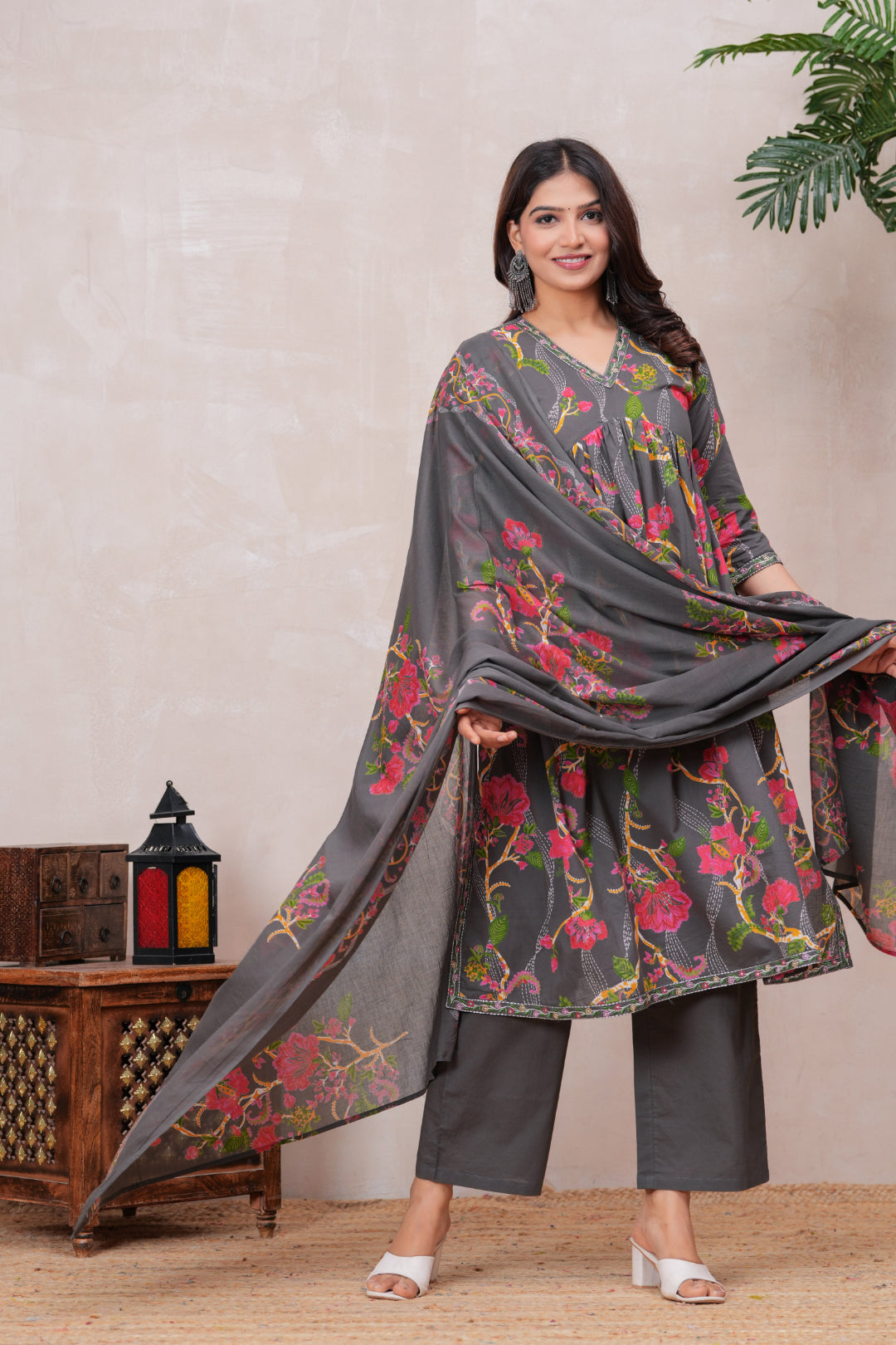 Flowing Anarkali Style Suit in Soft Discharge Cotton with Embroidery on Neck