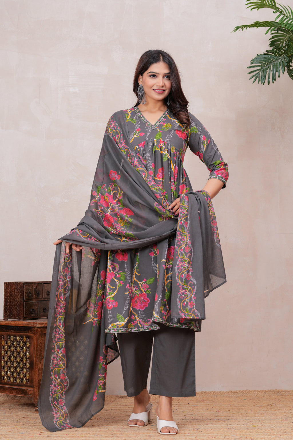 Flowing Anarkali Style Suit in Soft Discharge Cotton with Embroidery on Neck