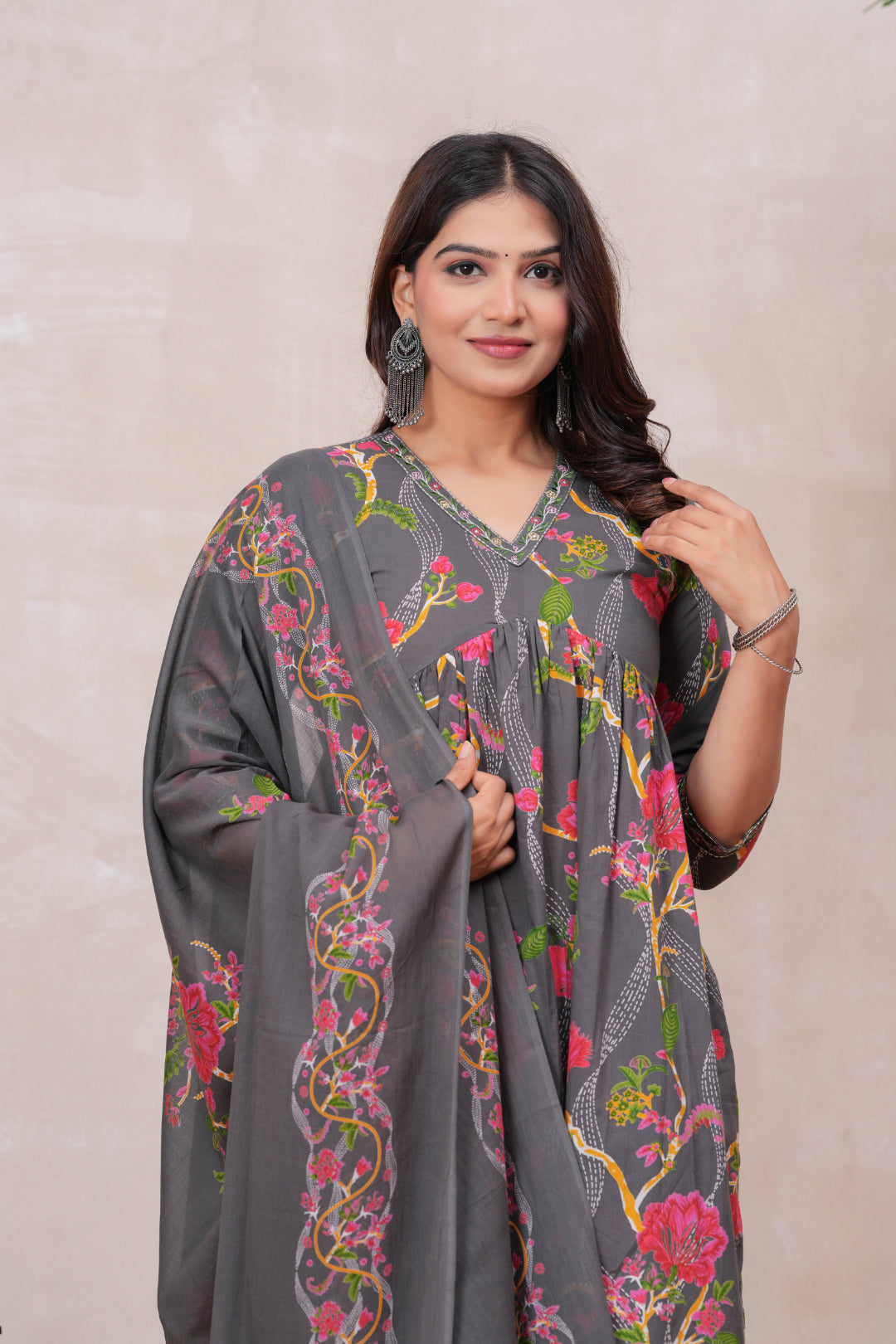 Flowing Anarkali Style Suit in Soft Discharge Cotton with Embroidery on Neck