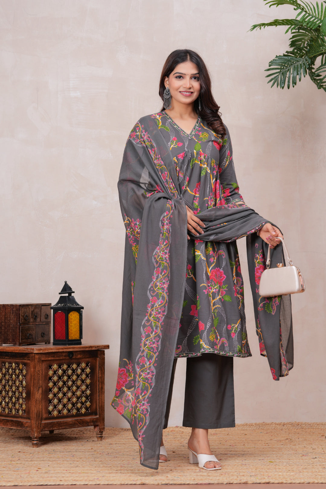 Flowing Anarkali Style Suit in Soft Discharge Cotton with Embroidery on Neck