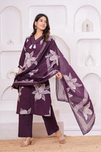 Elegant Floral Print three Piece Suit Set with Pintex V-Neck