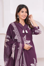 Elegant Floral Print three Piece Suit Set with Pintex V-Neck