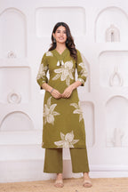 Elegant Floral Print three Piece Suit Set with Pintex V-Neck