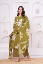 Elegant Floral Print three Piece Suit Set with Pintex V-Neck