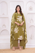 Elegant Floral Print three Piece Suit Set with Pintex V-Neck