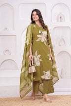 Elegant Floral Print three Piece Suit Set with Pintex V-Neck