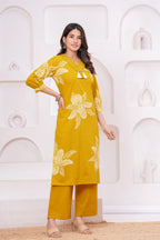 Elegant Floral Print three Piece Suit Set with Pintex V-Neck