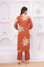 Elegant Floral Print three Piece Suit Set with Pintex V-Neck