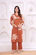 Elegant Floral Print three Piece Suit Set with Pintex V-Neck