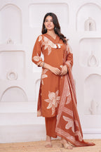 Elegant Floral Print three Piece Suit Set with Pintex V-Neck