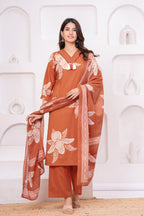 Elegant Floral Print three Piece Suit Set with Pintex V-Neck