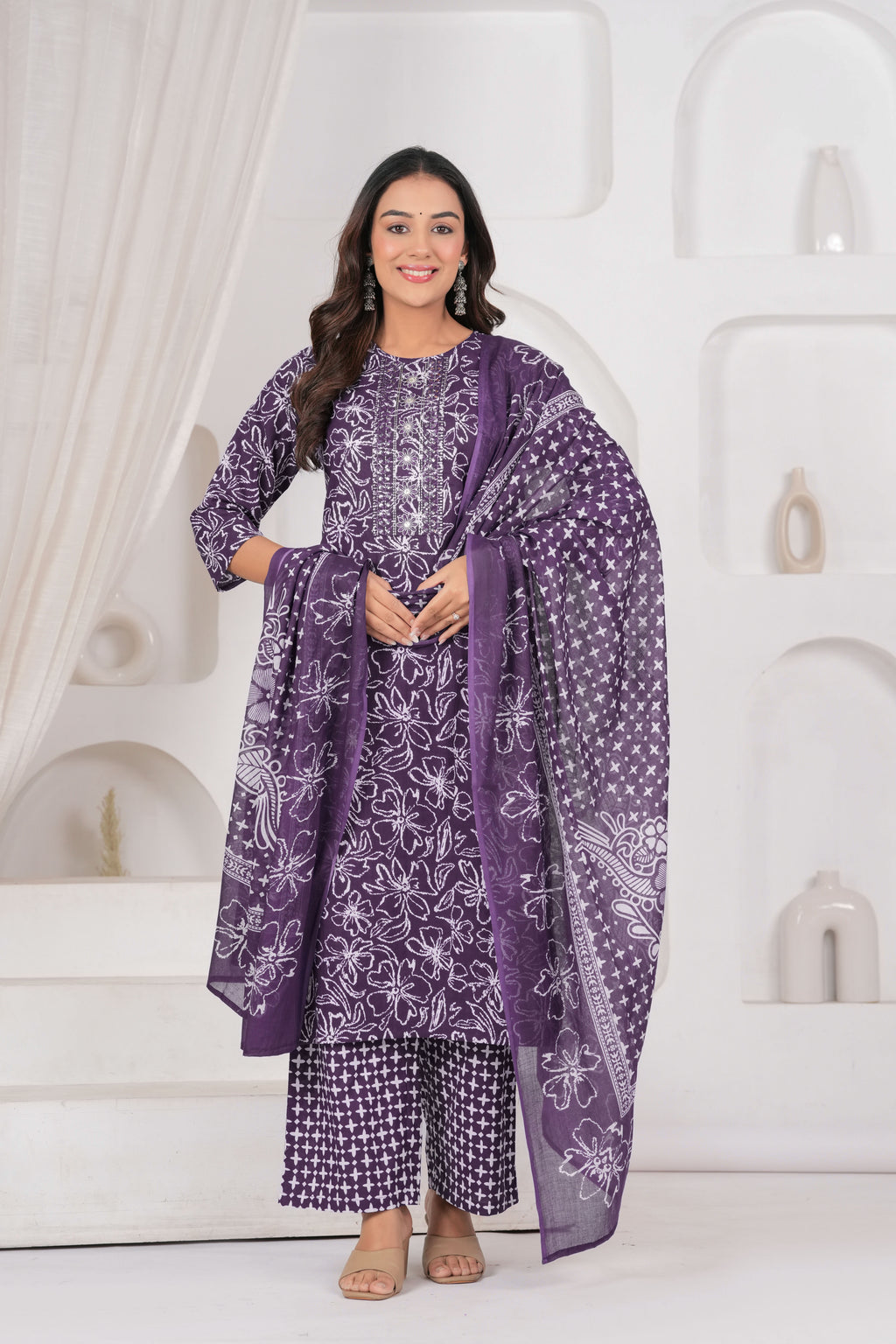 Jaipur Kurti Floral Printed Cotton Kurta Set with Embroidery & Dupatta
