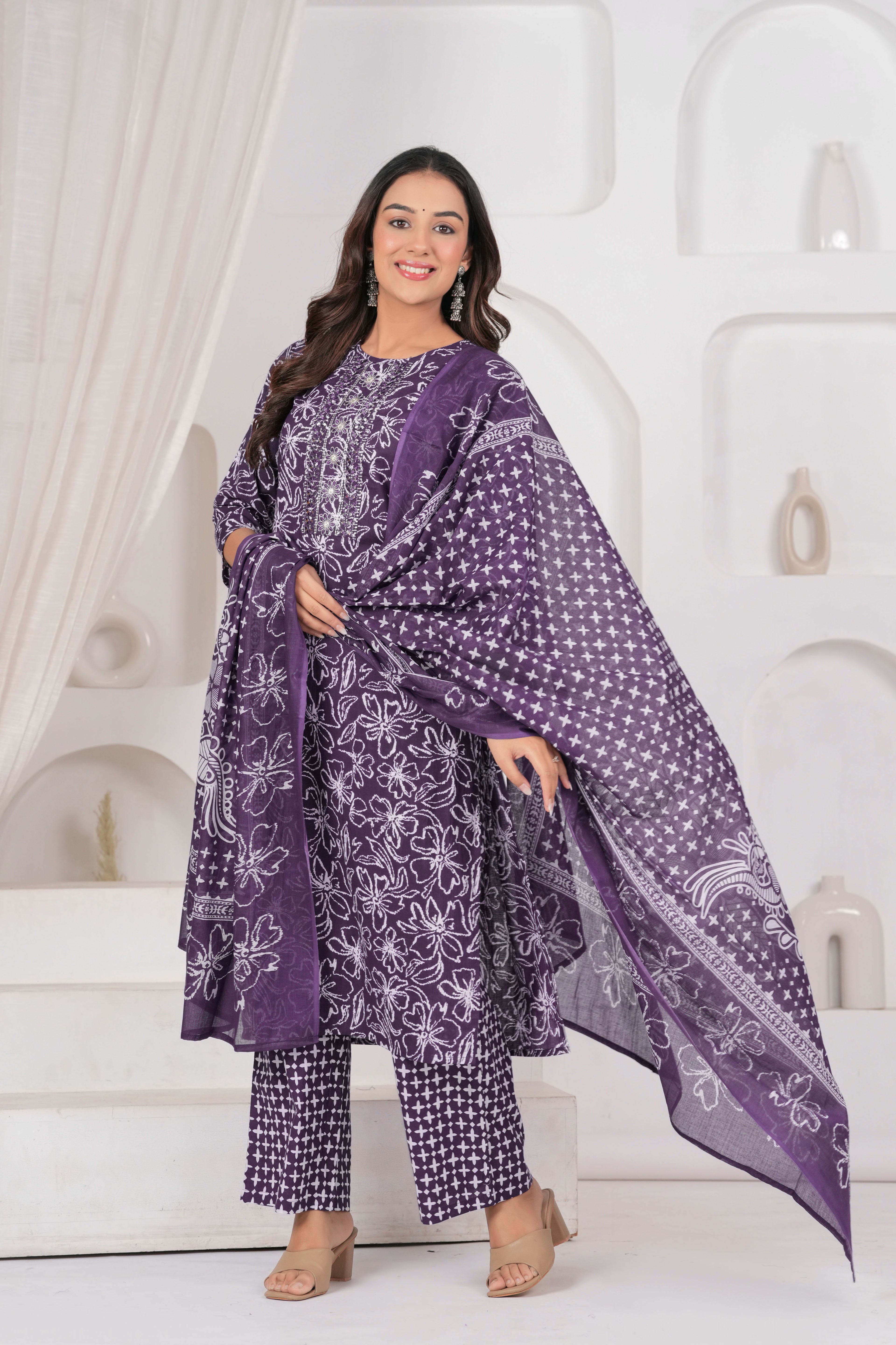 Jaipur Kurti Floral Printed Cotton Kurta Set with Embroidery & Dupatta