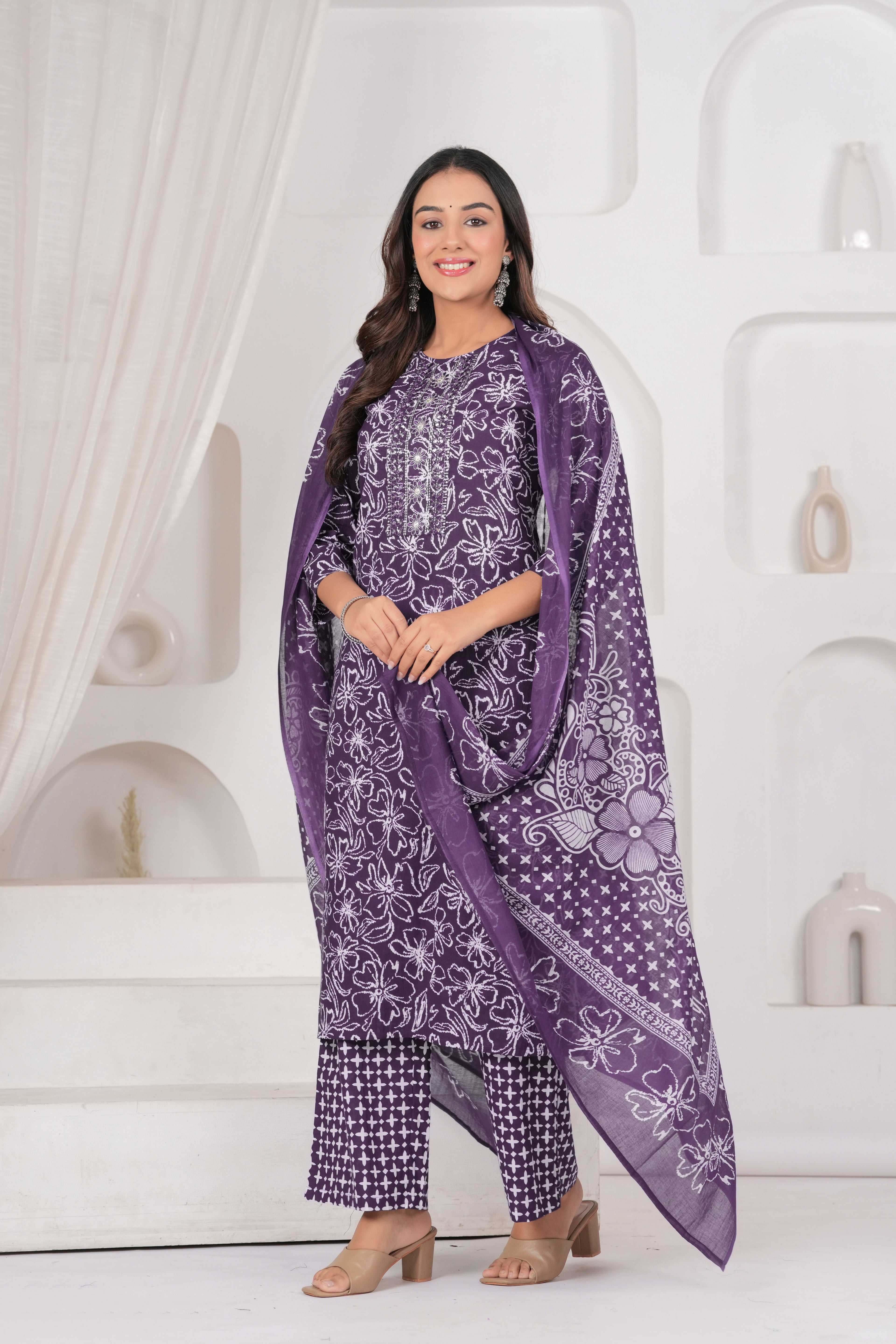 Jaipur Kurti Floral Printed Cotton Kurta Set with Embroidery & Dupatta