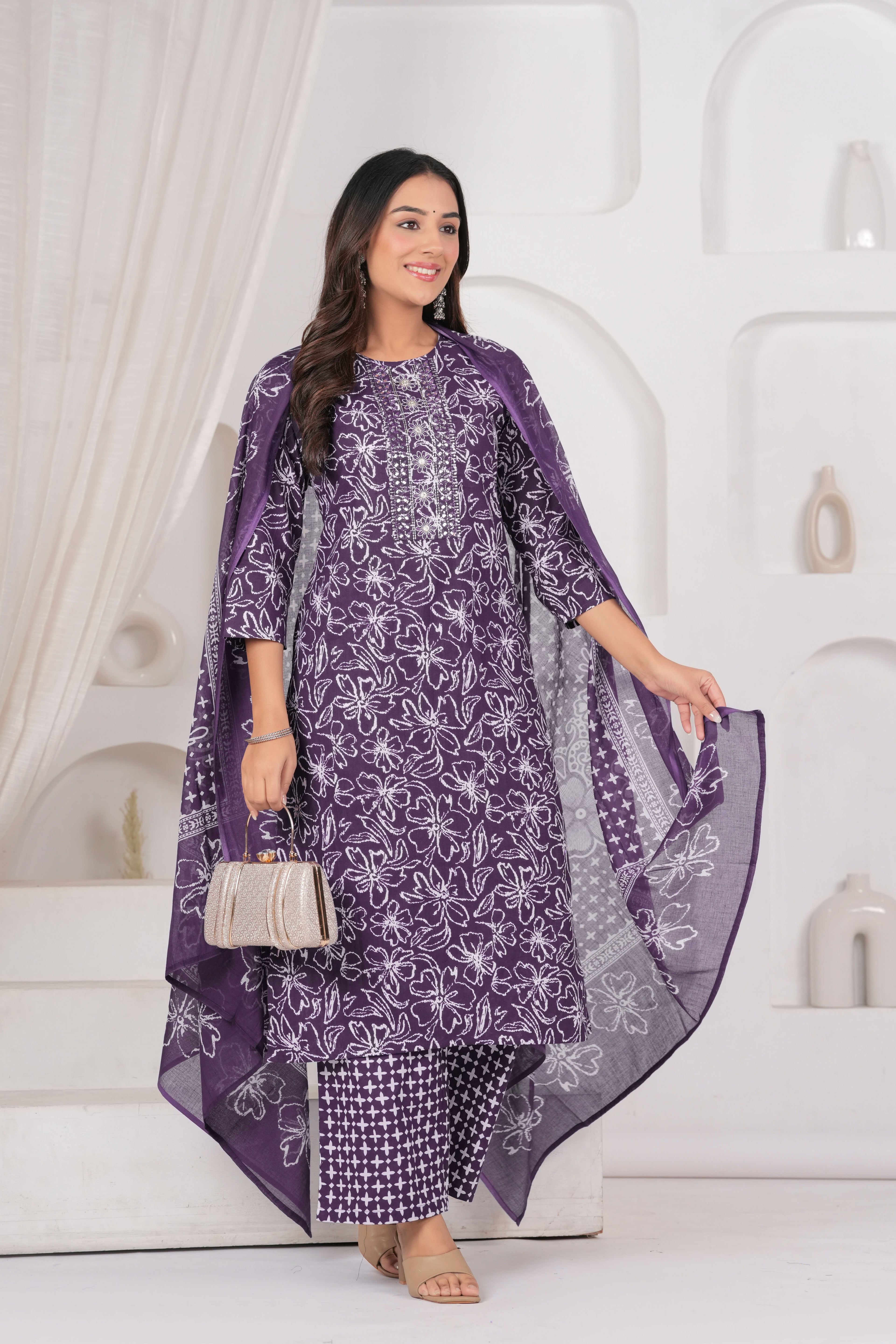 Jaipur Kurti Floral Printed Cotton Kurta Set with Embroidery & Dupatta