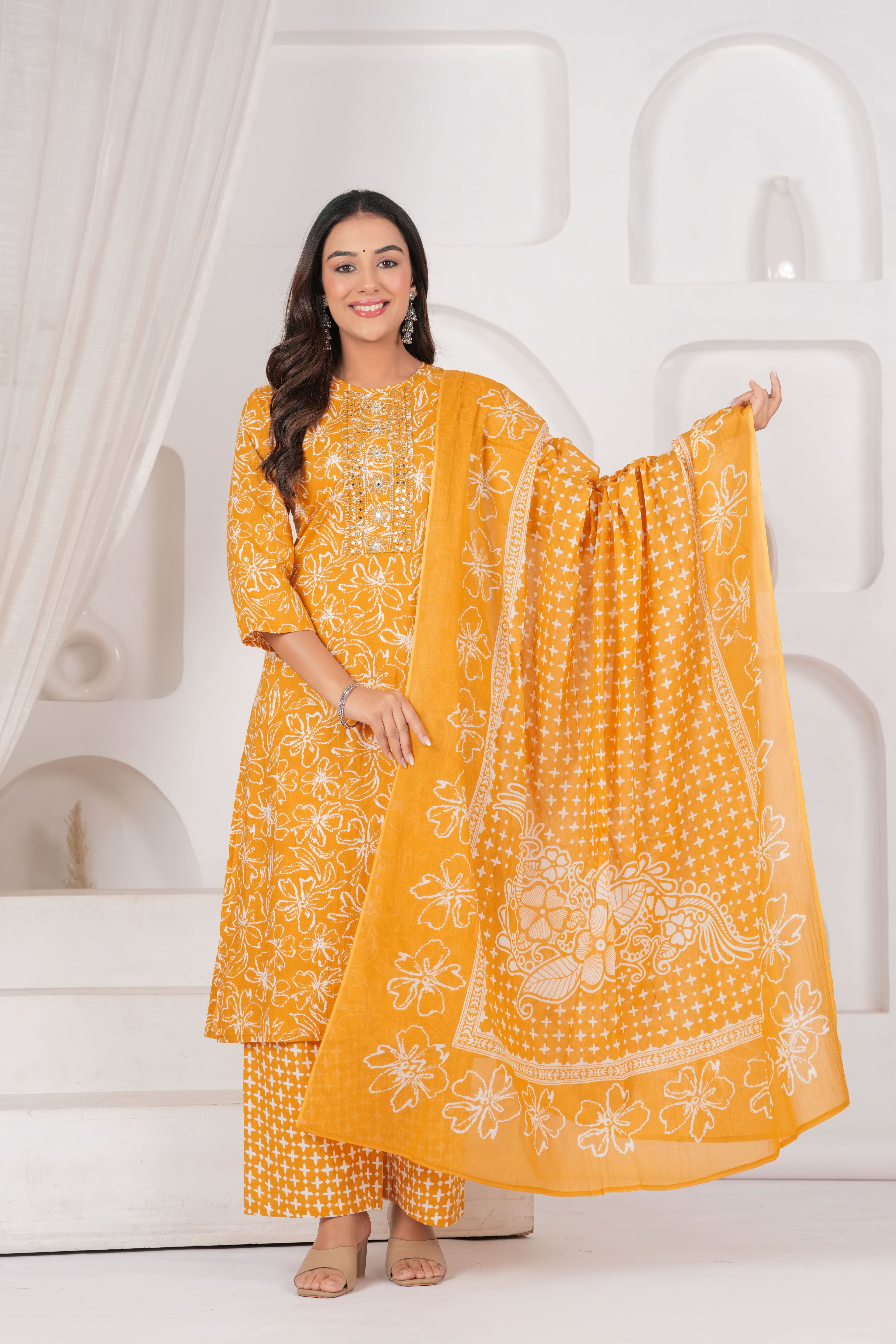 Jaipur Kurti Floral Printed Cotton Kurta Set with Embroidery & Dupatta