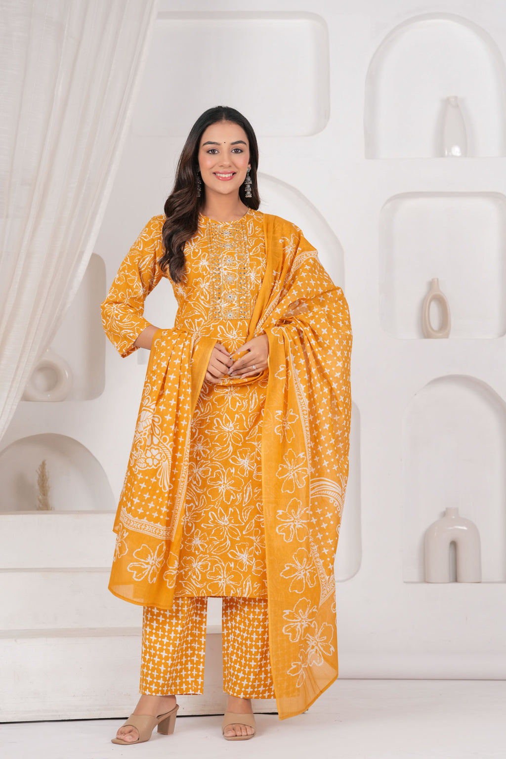 Jaipur Kurti Floral Printed Cotton Kurta Set with Embroidery & Dupatta