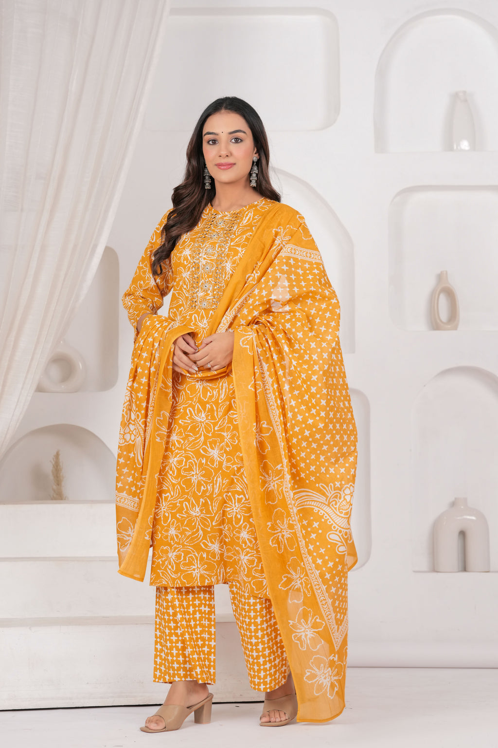 Jaipur Kurti Floral Printed Cotton Kurta Set with Embroidery & Dupatta