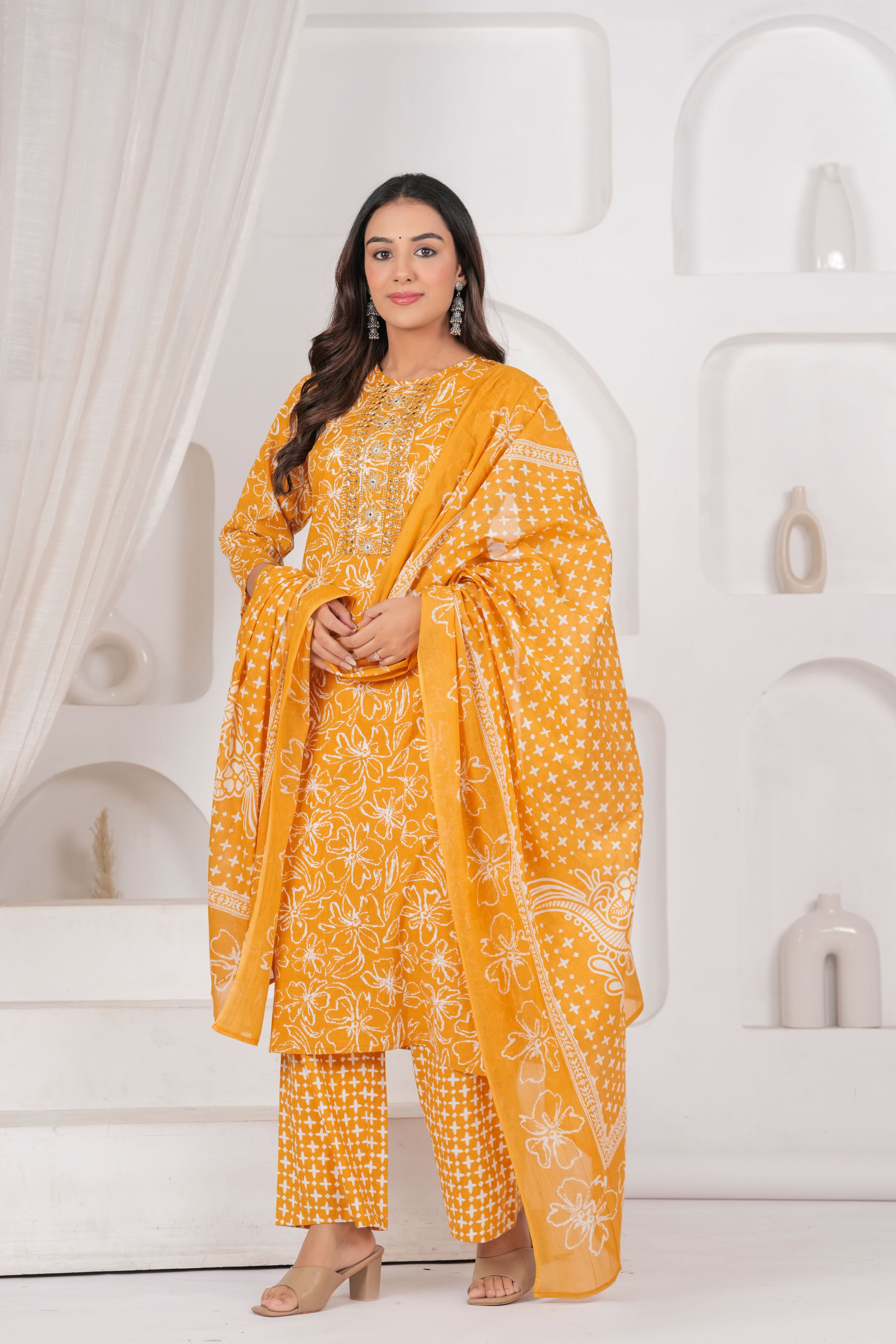 Jaipur Kurti Floral Printed Cotton Kurta Set with Embroidery & Dupatta