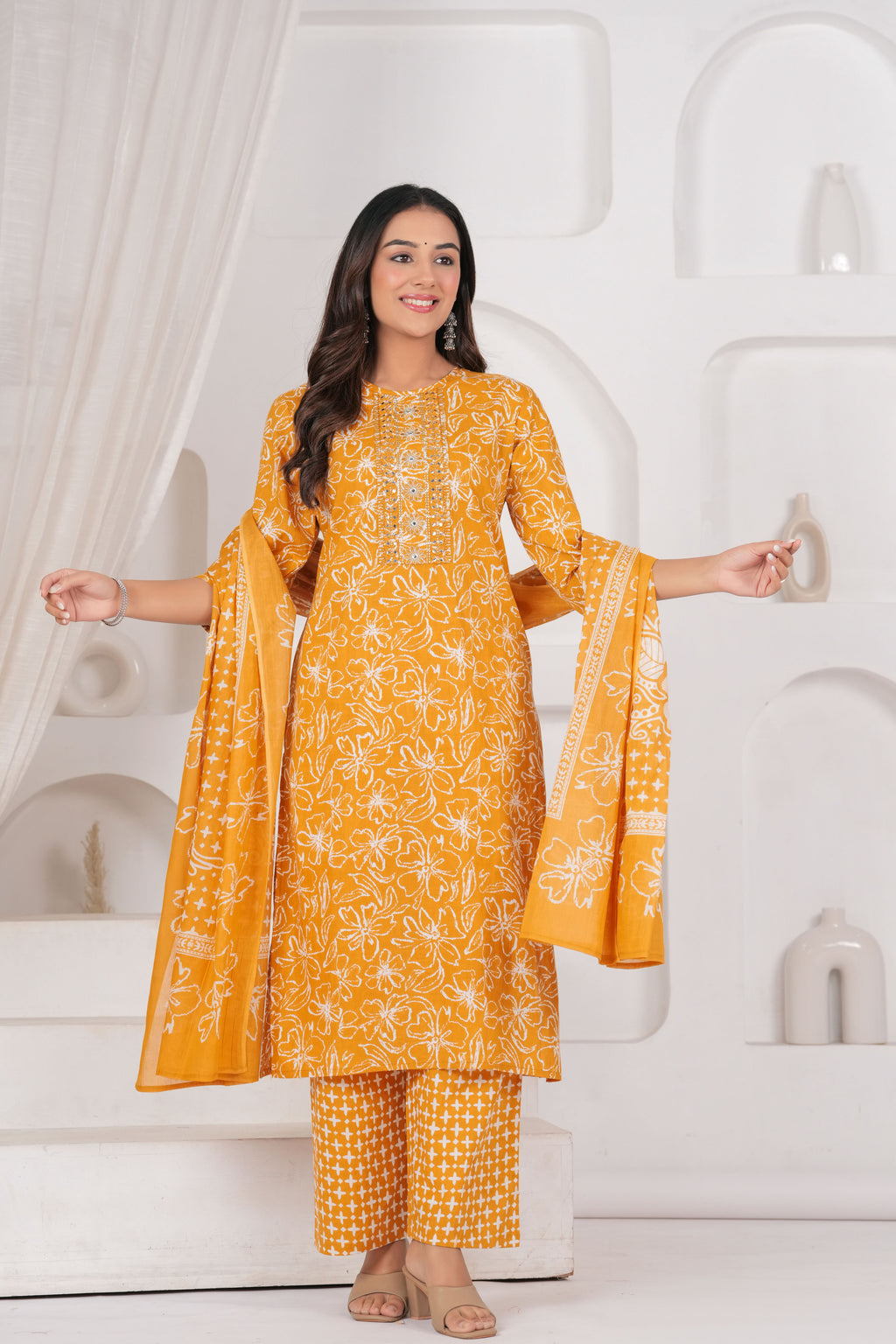 Jaipur Kurti Floral Printed Cotton Kurta Set with Embroidery & Dupatta
