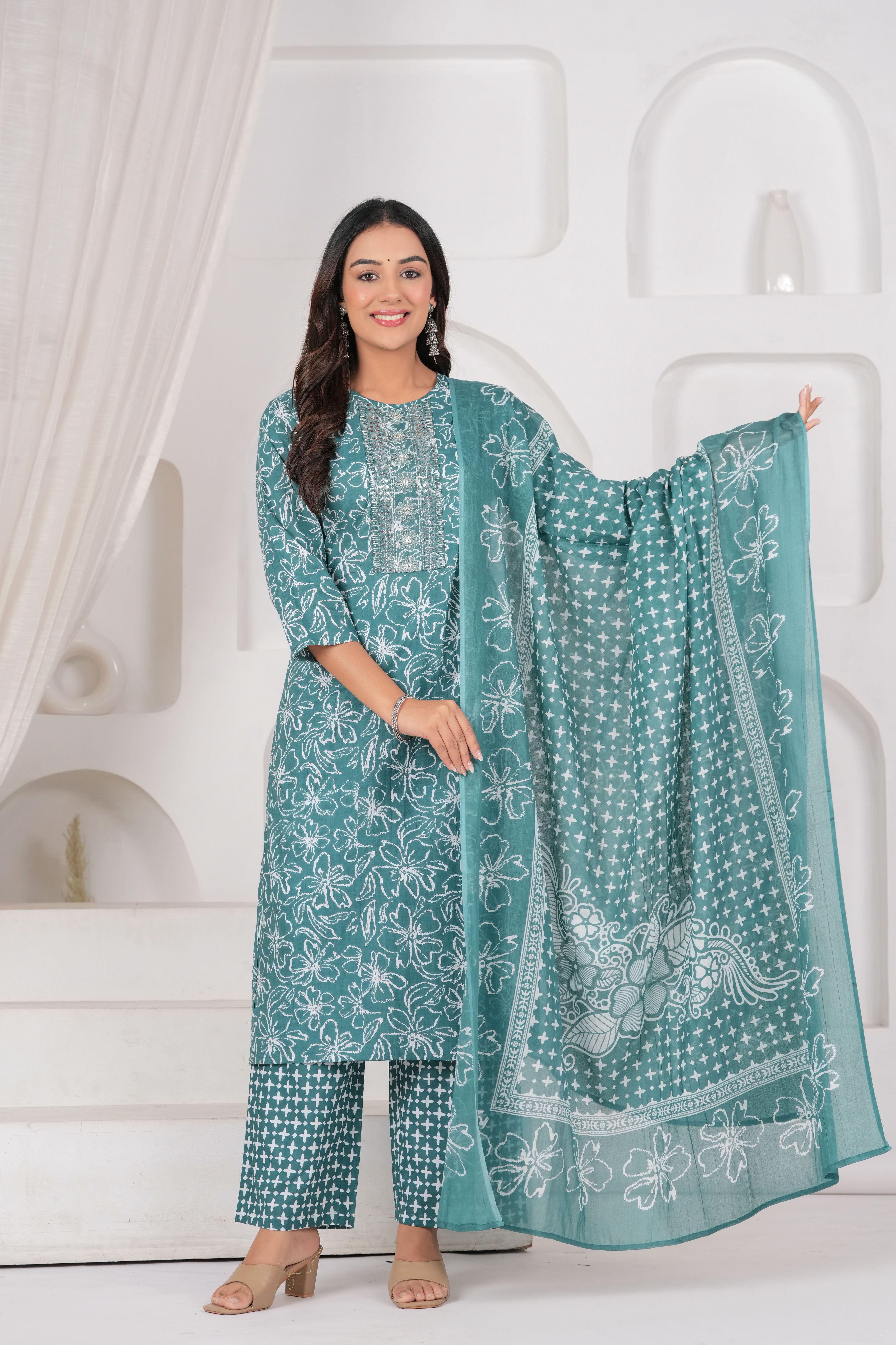 Jaipur Kurti Floral Printed Cotton Kurta Set with Embroidery & Dupatta