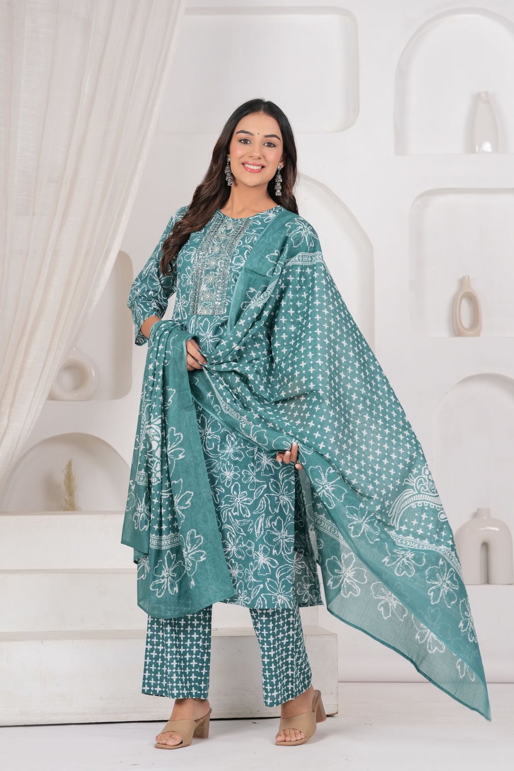 Jaipur Kurti Floral Printed Cotton Kurta Set with Embroidery & Dupatta