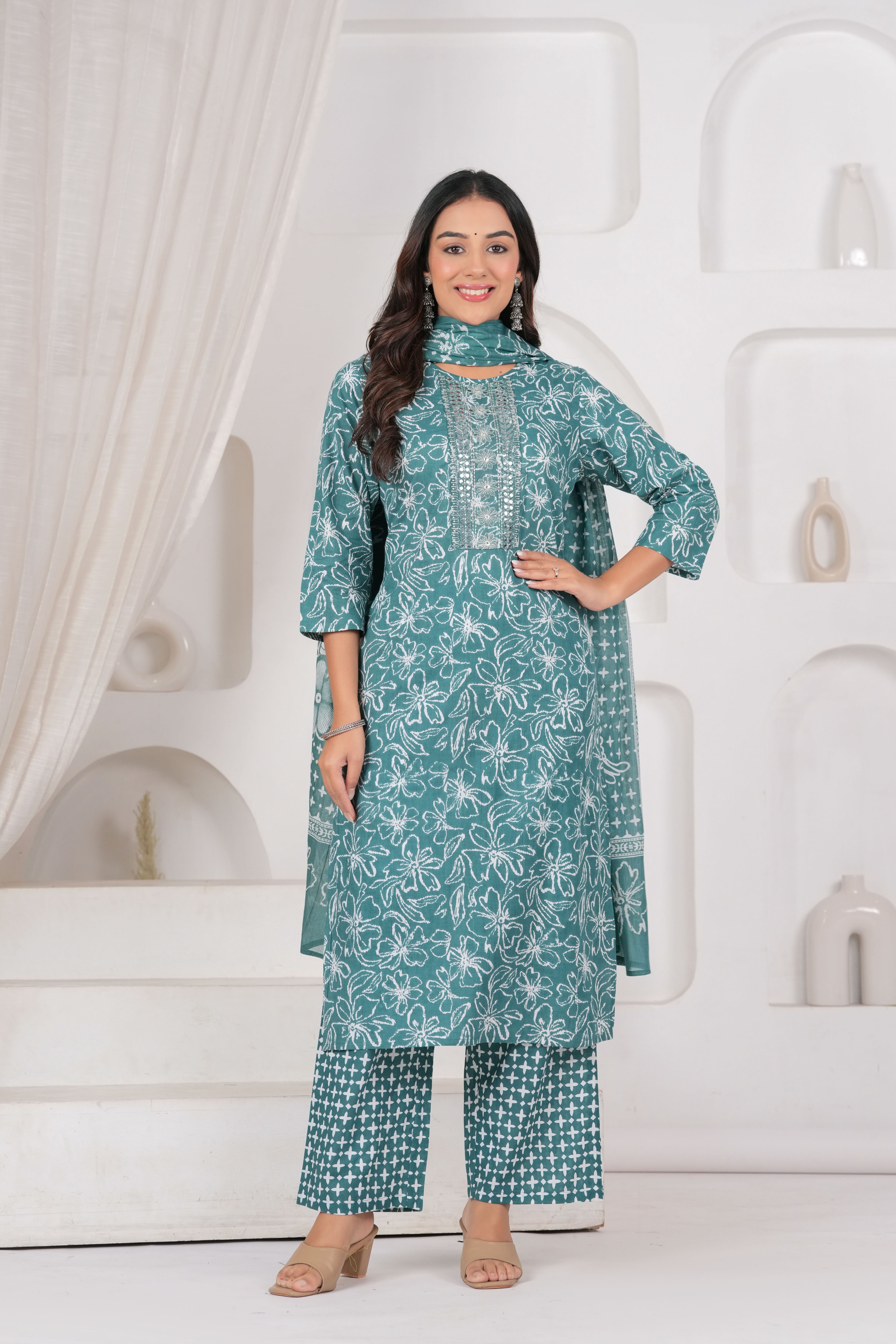 Jaipur Kurti Floral Printed Cotton Kurta Set with Embroidery & Dupatta