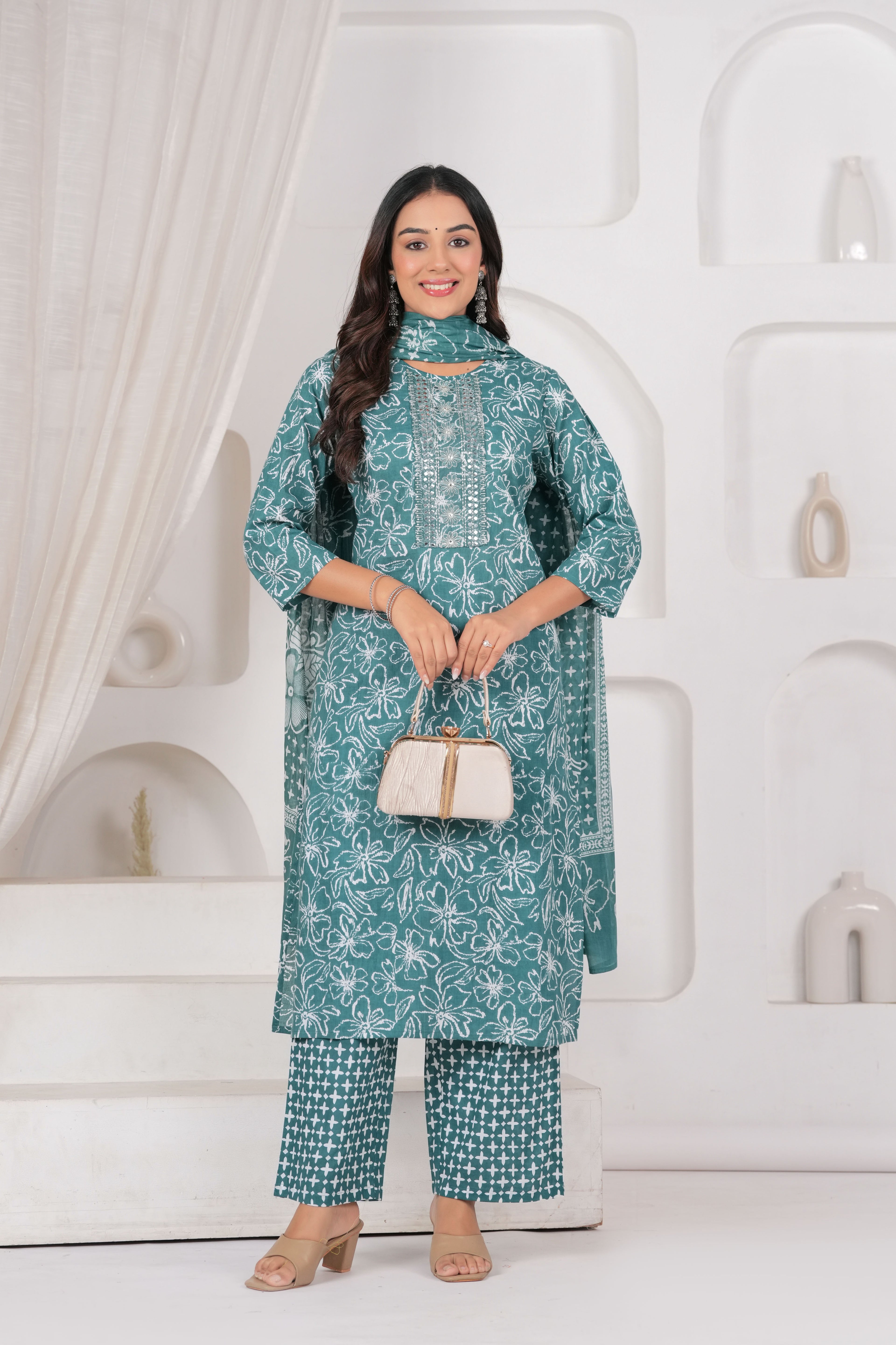 Jaipur Kurti Floral Printed Cotton Kurta Set with Embroidery & Dupatta
