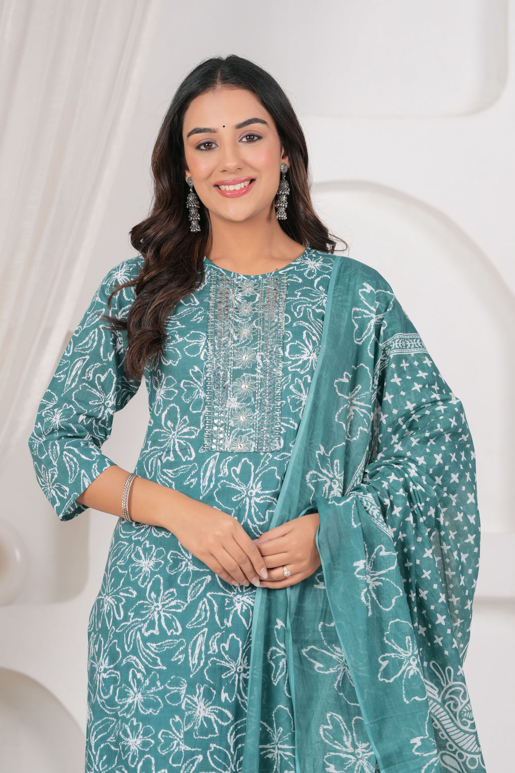 Jaipur Kurti Floral Printed Cotton Kurta Set with Embroidery & Dupatta