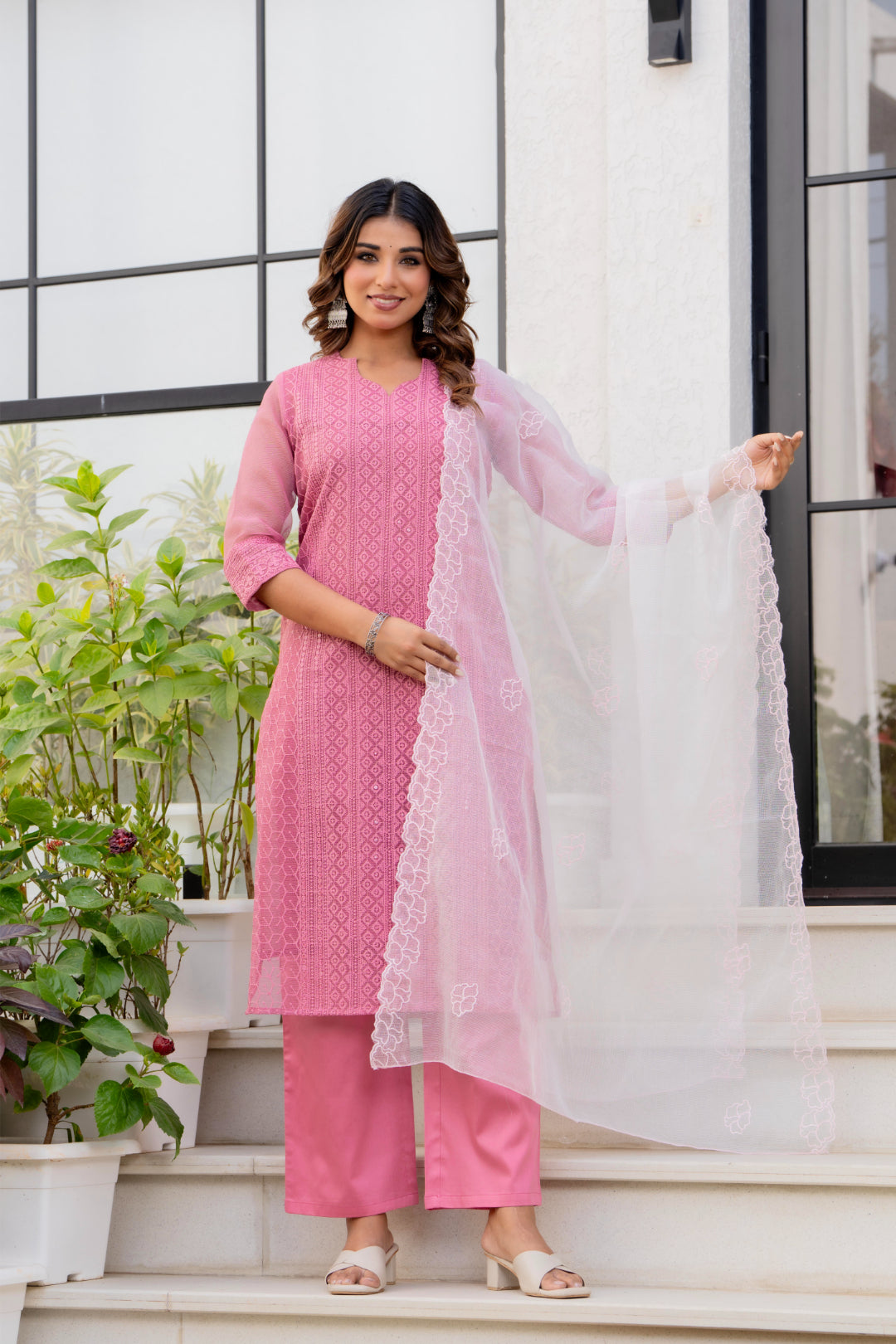 Special Edition: Premium Fancy Razzo Lucknowi Chikankari Kurti with Cotton Silk Pant & Embroidered Dupatta