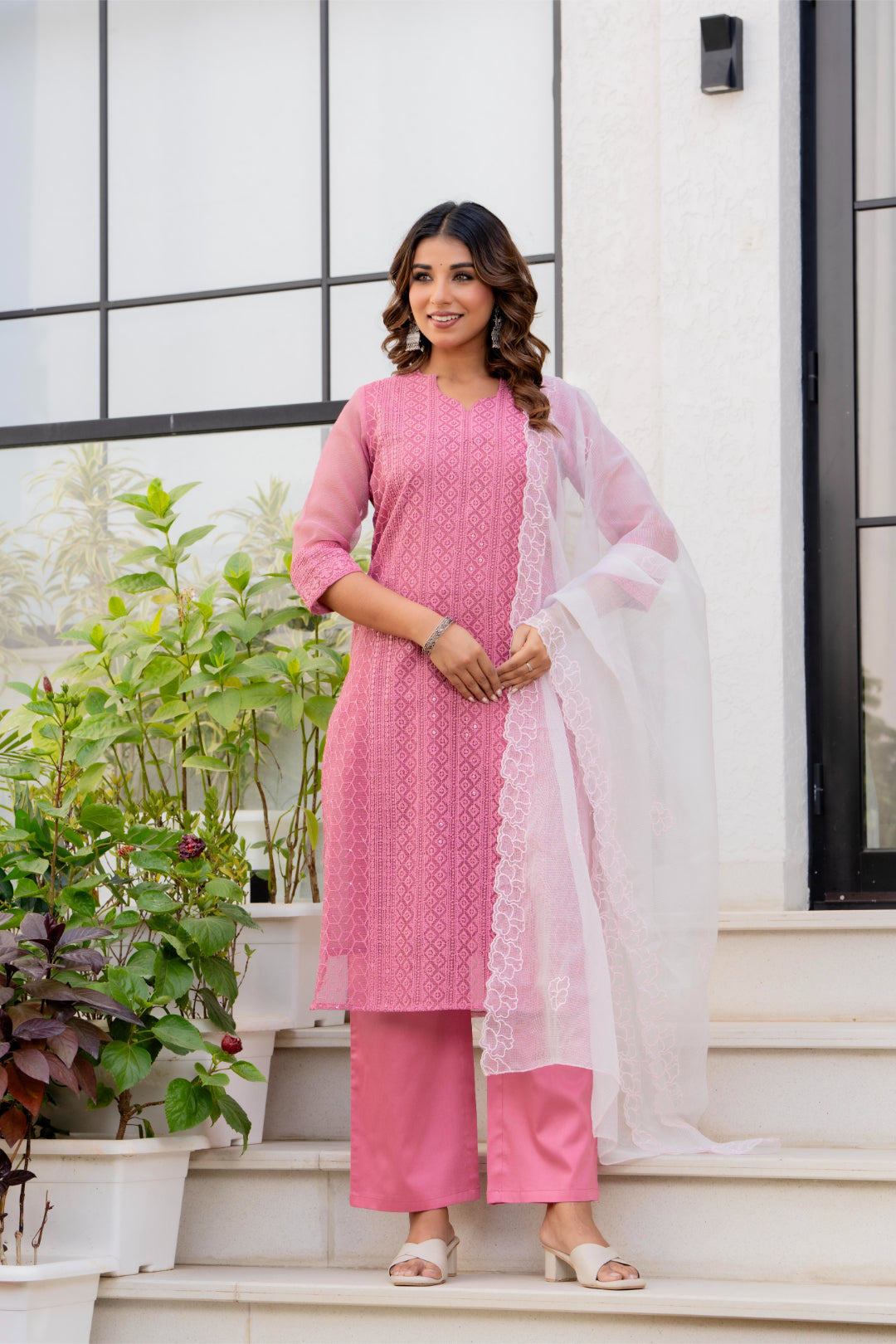 Special Edition: Premium Fancy Razzo Lucknowi Chikankari Kurti with Cotton Silk Pant & Embroidered Dupatta