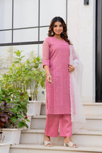 Special Edition: Premium Fancy Razzo Lucknowi Chikankari Kurti with Cotton Silk Pant & Embroidered Dupatta