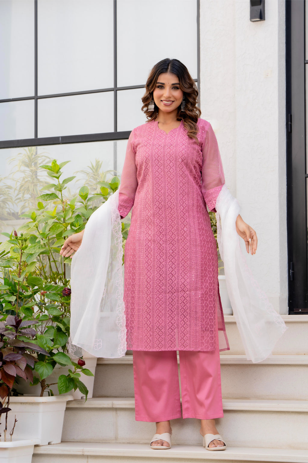 Special Edition: Premium Fancy Razzo Lucknowi Chikankari Kurti with Cotton Silk Pant & Embroidered Dupatta