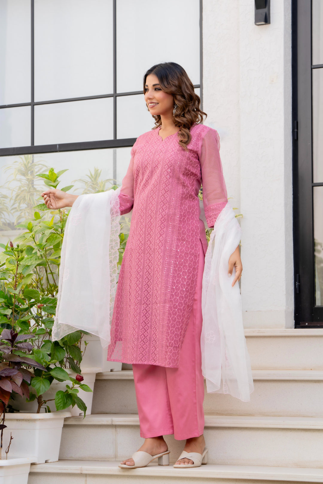 Special Edition: Premium Fancy Razzo Lucknowi Chikankari Kurti with Cotton Silk Pant & Embroidered Dupatta