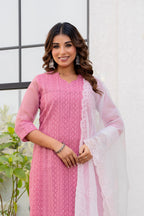 Special Edition: Premium Fancy Razzo Lucknowi Chikankari Kurti with Cotton Silk Pant & Embroidered Dupatta