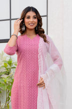 Special Edition: Premium Fancy Razzo Lucknowi Chikankari Kurti with Cotton Silk Pant & Embroidered Dupatta