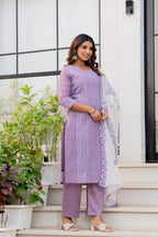 Special Edition: Premium Fancy Razzo Lucknowi Chikankari Kurti with Cotton Silk Pant & Embroidered Dupatta