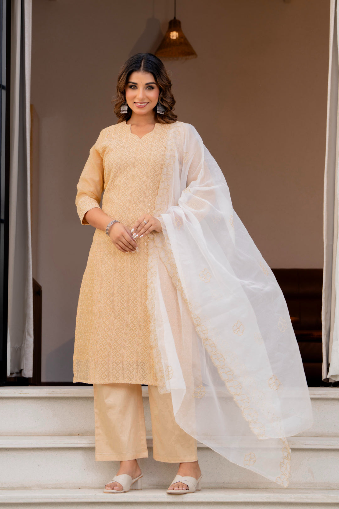 Special Edition: Premium Fancy Razzo Lucknowi Chikankari Kurti with Cotton Silk Pant & Embroidered Dupatta