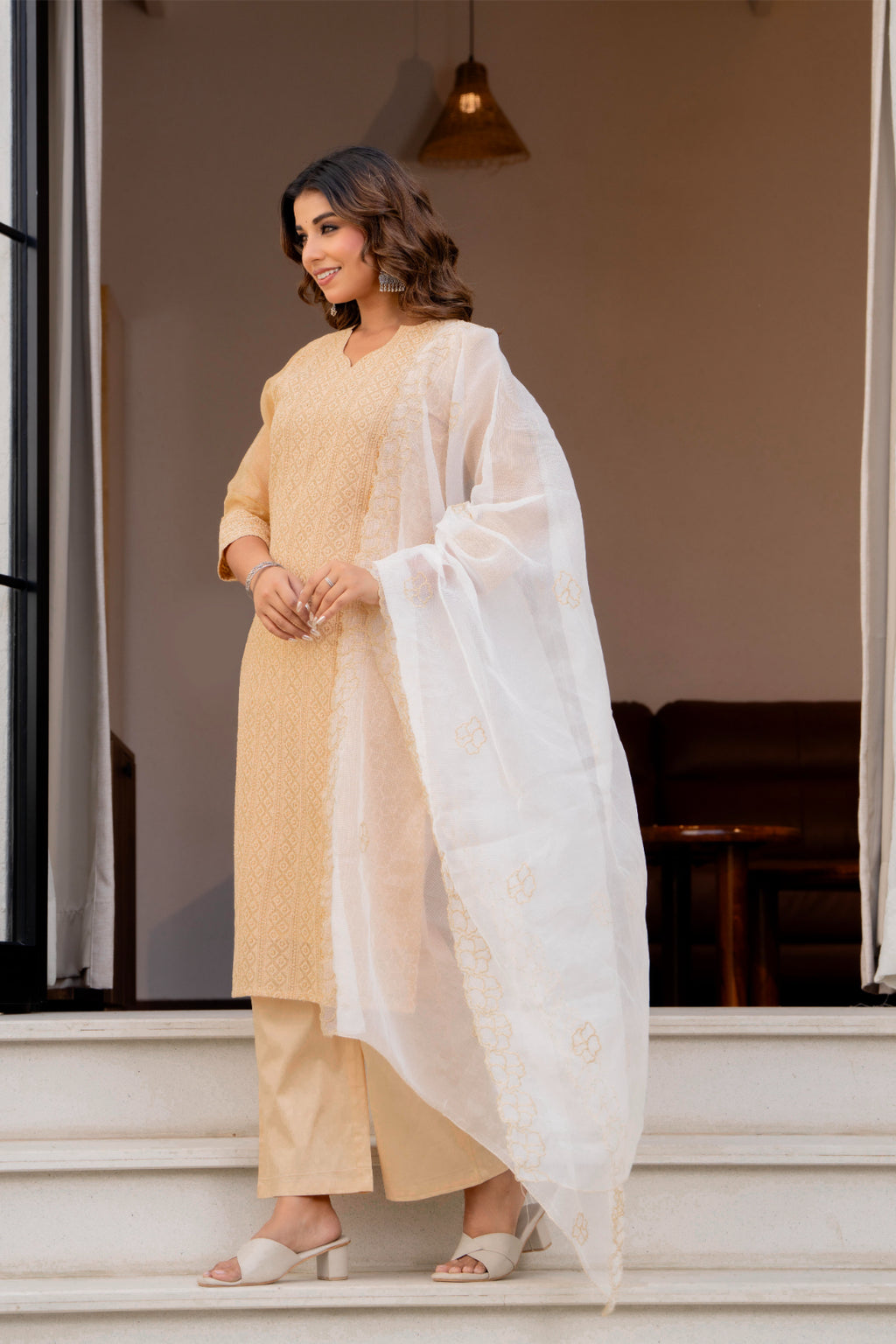 Special Edition: Premium Fancy Razzo Lucknowi Chikankari Kurti with Cotton Silk Pant & Embroidered Dupatta